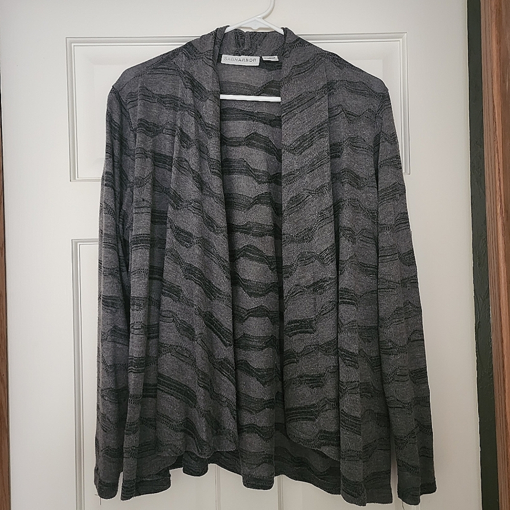 SAG HARBOR XL  Charcoal and Black Open Front Cardigan